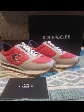 Coach Red and Gray C-Logo Low Top Sneakers